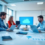 Cloud migratie proces met IT-professionals die samenwerken aan technologie in een moderne kantooromgeving.