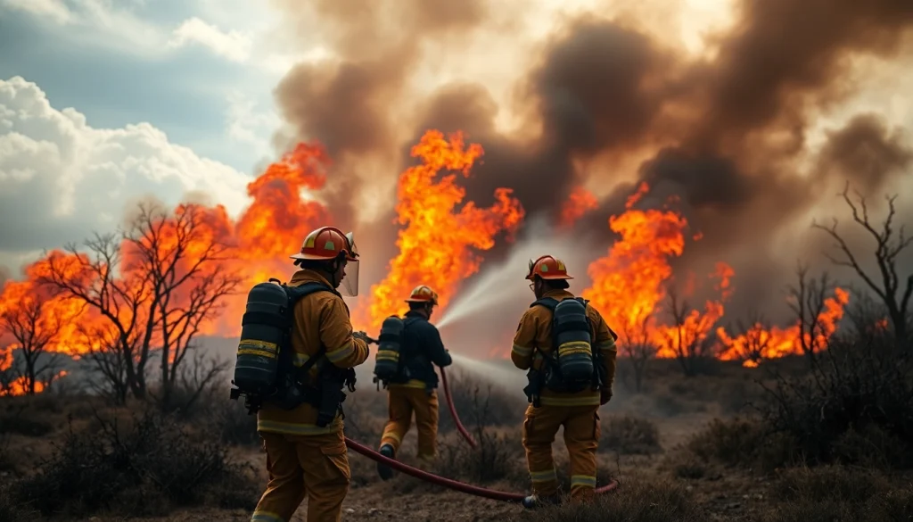 Firefighters combat wildfire events amidst flames and smoke, showcasing bravery and resilience.