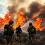 Firefighters combat wildfire events amidst flames and smoke, showcasing bravery and resilience.