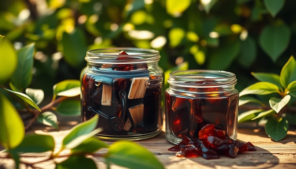 Buy pure Shilajit For Sale, showcasing the glossy resin in a natural setting.