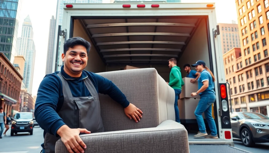 Experienced movers nyc loading furniture into a moving truck in vibrant urban surroundings
