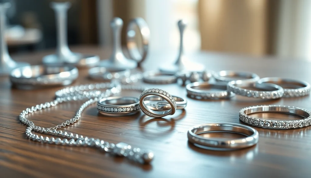 Admire exquisite silver jewelry featuring intricately designed necklaces and rings on display.
