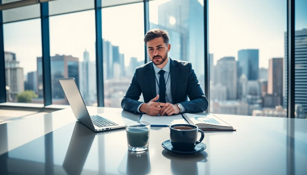 Headhunter Hagen berät Kunden in einem modernen Büro mit Stadtblick und Fokus auf Professionalität.