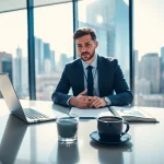 Headhunter Hagen berät Kunden in einem modernen Büro mit Stadtblick und Fokus auf Professionalität.