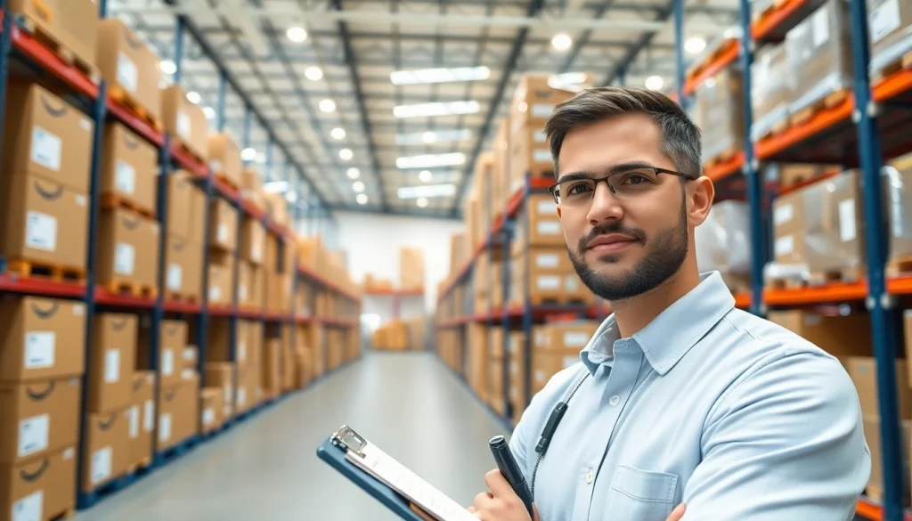 Efficient Amazon FBA wholesale seller organizing products in a bright warehouse