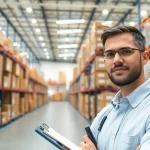 Efficient Amazon FBA wholesale seller organizing products in a bright warehouse