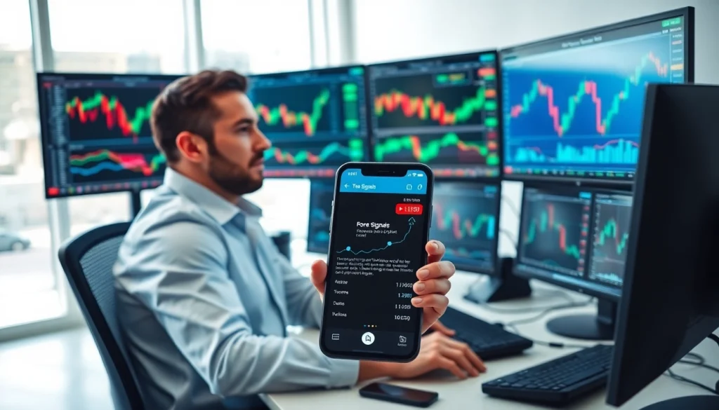 Analyze Forex Signals Telegram on multiple screens in a modern trading office.
