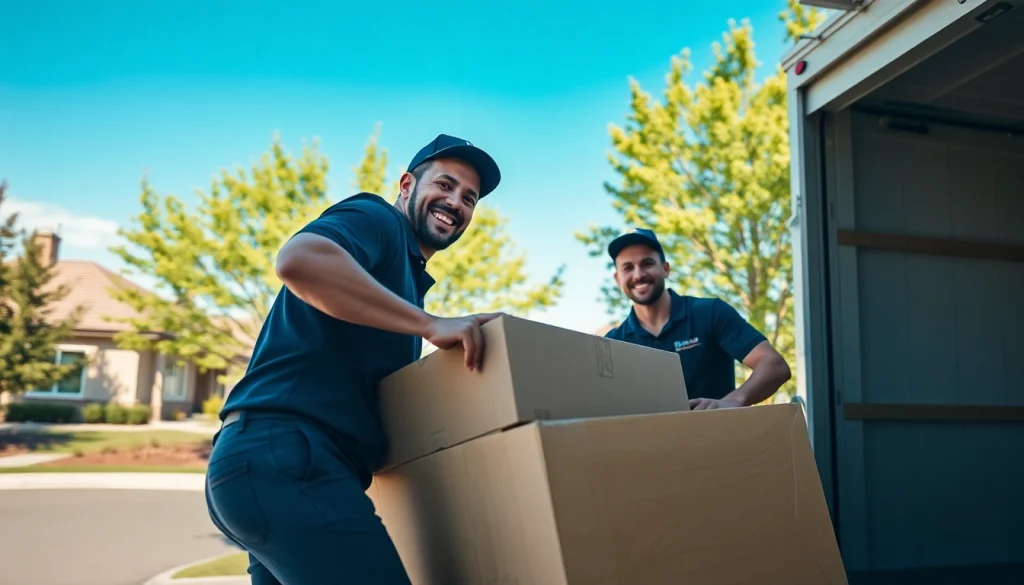 Movers calgary team loading furniture into a truck in a sunny neighborhood.