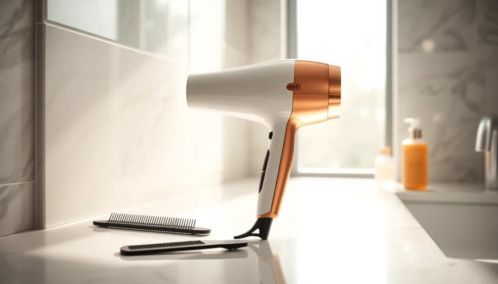 See the ionic hair dryer showcasing its sleek design and high-performance features on a stylish countertop.