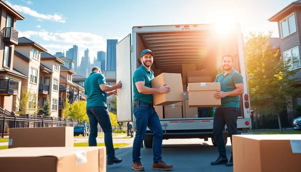 Movers Calgary efficiently transporting boxes in a bright urban setting.