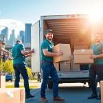 Movers Calgary efficiently transporting boxes in a bright urban setting.