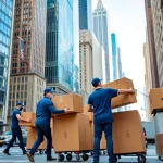 Manhattan movers efficiently transporting boxes on a busy street in New York City