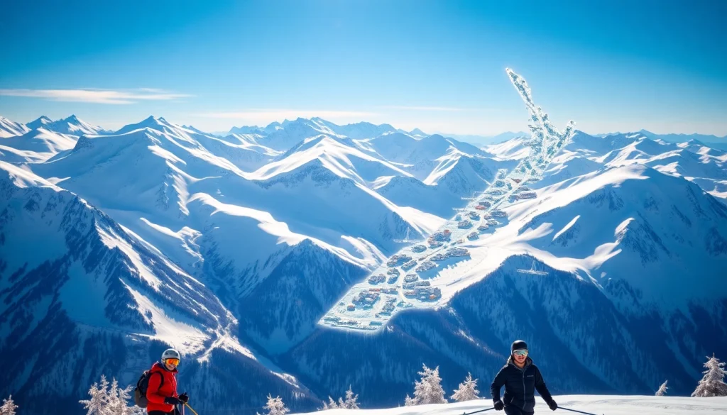 Ski map of New Zealand illustrating ski resorts amidst stunning mountainous scenery.