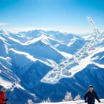Ski map of New Zealand illustrating ski resorts amidst stunning mountainous scenery.