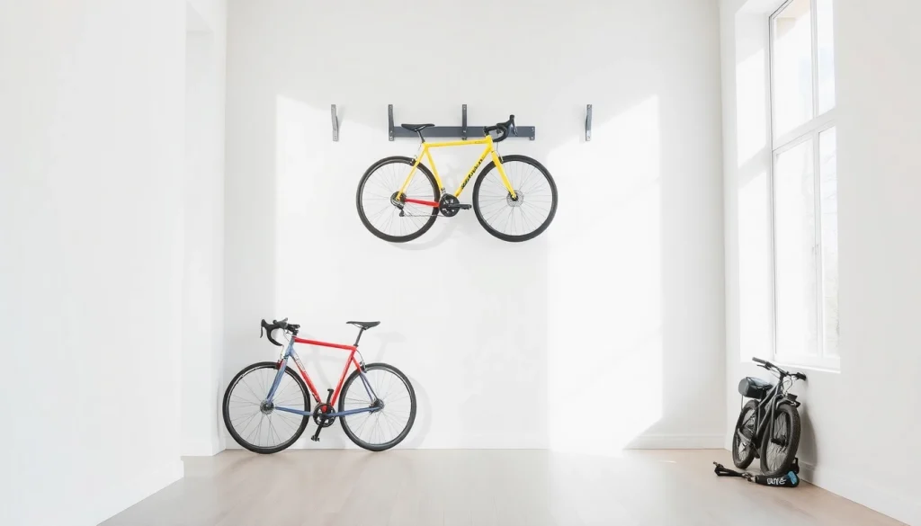 Organized bike rack for home displaying various bikes in a stylish indoor set-up.