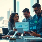 Engaged sales team leveraging competitive intelligence for sales in a modern office environment.