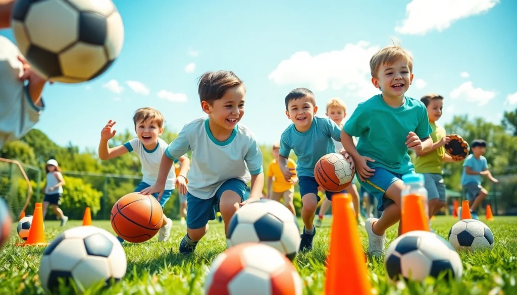 Boys actively enjoying Multi Sports Camps for Boys, engaging in diverse sports activities in a vibrant camp setting.