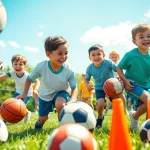 Boys actively enjoying Multi Sports Camps for Boys, engaging in diverse sports activities in a vibrant camp setting.