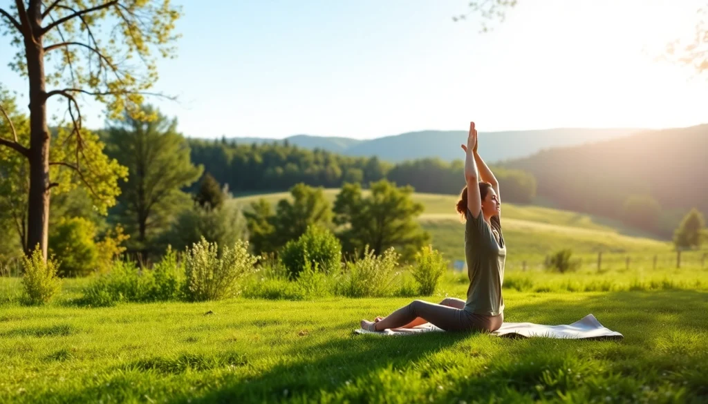 Practicing yoga outdoors, promoting techniques for dealing with stress through relaxation.