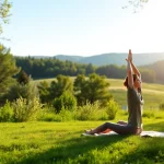 Practicing yoga outdoors, promoting techniques for dealing with stress through relaxation.