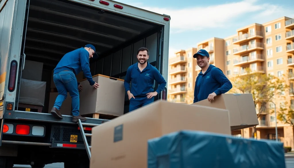 Movers in Toronto efficiently loading furniture into a moving truck in a vibrant urban setting.