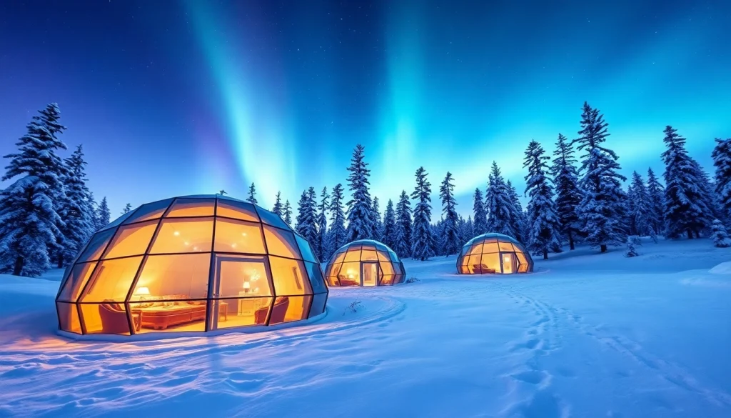 Experience the enchanting glass igloo hotels lapland under a radiant Northern Lights display.