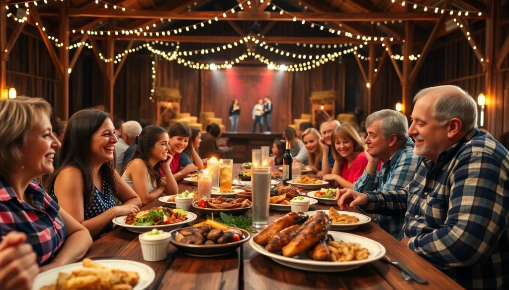 Families enjoying a meal at the firelight barn dinner theater, highlighting a joyful dining experience.
