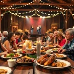 Families enjoying a meal at the firelight barn dinner theater, highlighting a joyful dining experience.