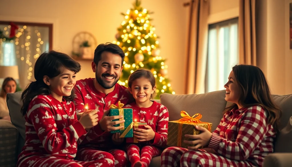 Children and adults joyfully wearing Jammies Christmas in a festive living room setting.