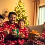 Children and adults joyfully wearing Jammies Christmas in a festive living room setting.