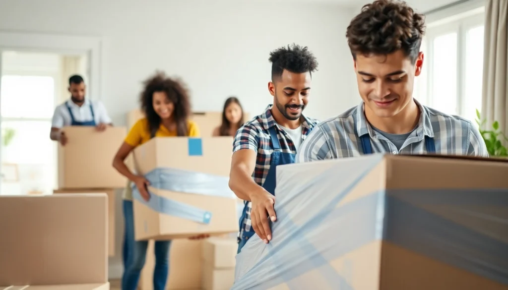 Queens movers expertly packaging furniture in a bright home environment for a smooth relocation.