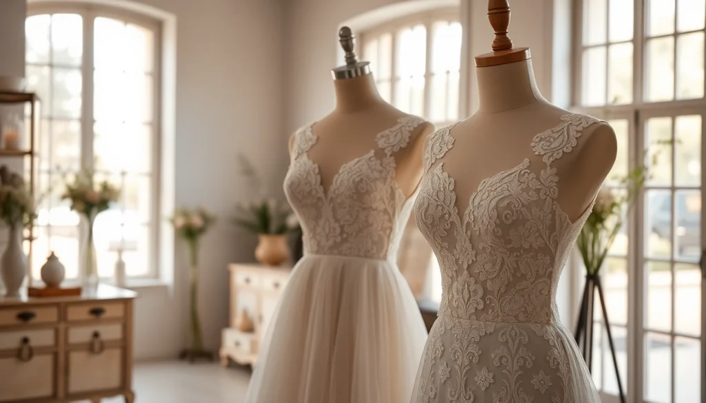 Showcase of Reception Wedding Dresses with intricate designs and floral decor in a boutique.