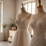Showcase of Reception Wedding Dresses with intricate designs and floral decor in a boutique.